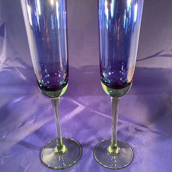 2 Festival Green Blue Block Champagne Flute Glass Stemmed 10.25" Hand Crafted - Picture 4 of 5